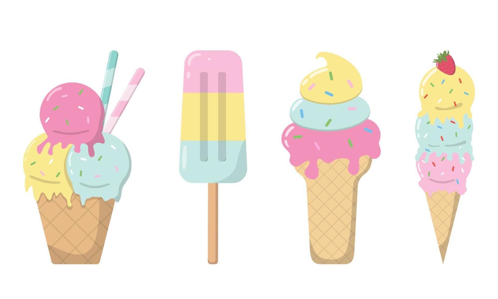 Tasty cartoon summer ice cream collection in pastel colors. Sweet vector illustration. Isolated on white background. Design for print, web.