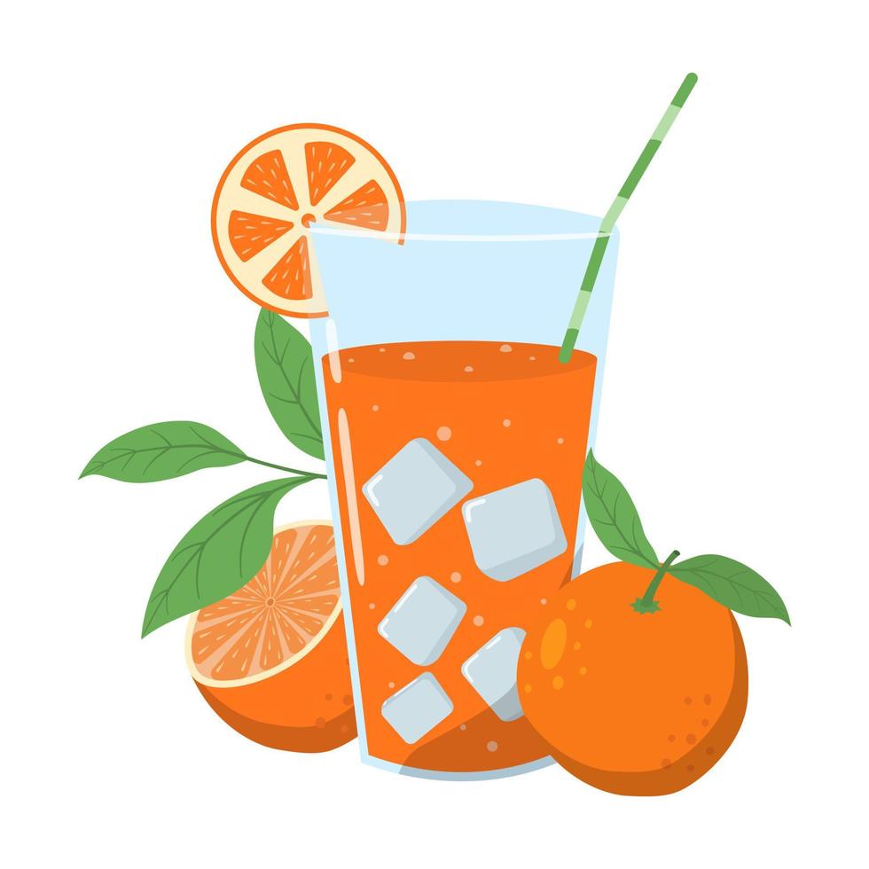 Natural orange juice in a glass with a straw. Fresh squeezed juice with oranges. Healthy organic food. Vector cartoon flat illustration Isolated on white background.