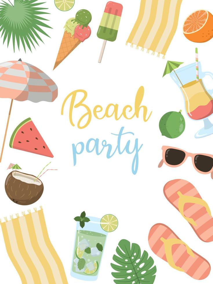 Vector summer pool party invitation card design template with cocktails, beach towel, sunglasses and etc. Isolated on white background. Holiday illustration for banner, flyer, invitation, poster.