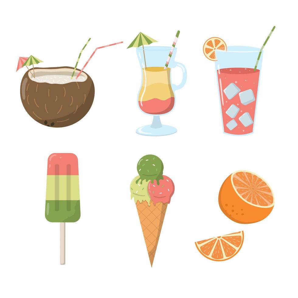 Cartoon set of summer drinks in coconut and glasses, ice cream, and fresh orange. Isolated on white background. vector