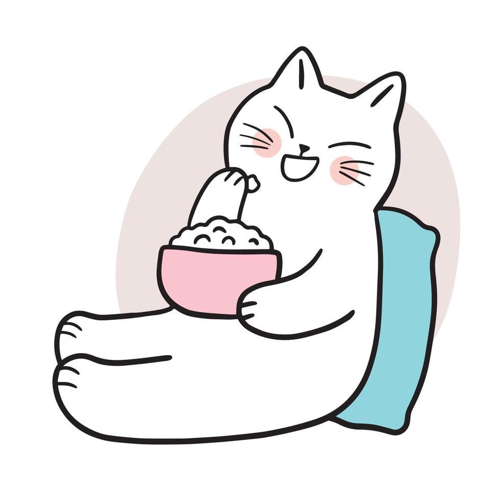 Cartoon cute cat eat popcorn vector. vector