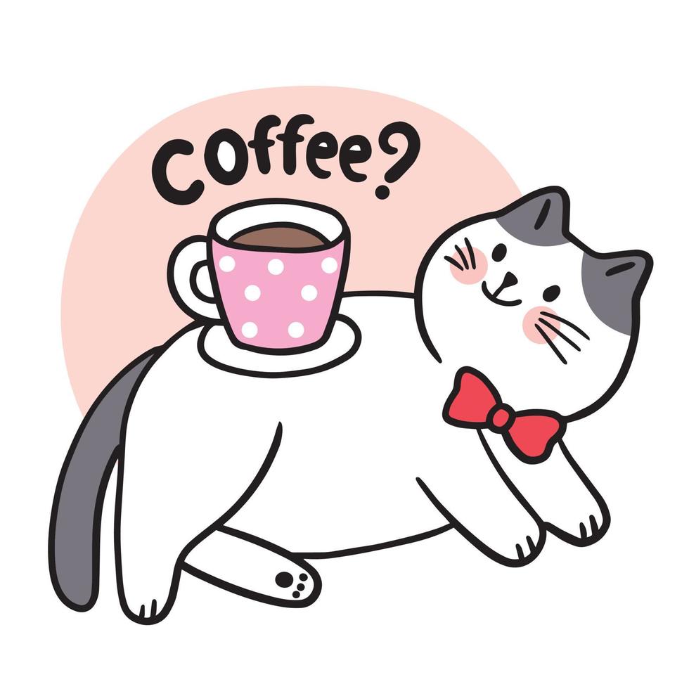 Cartoon cute cat and cup coffee vector. vector