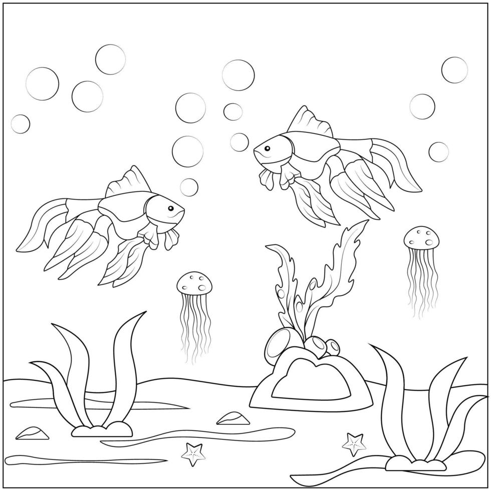 Fish Coloring Page Under Water With Bubbles vector