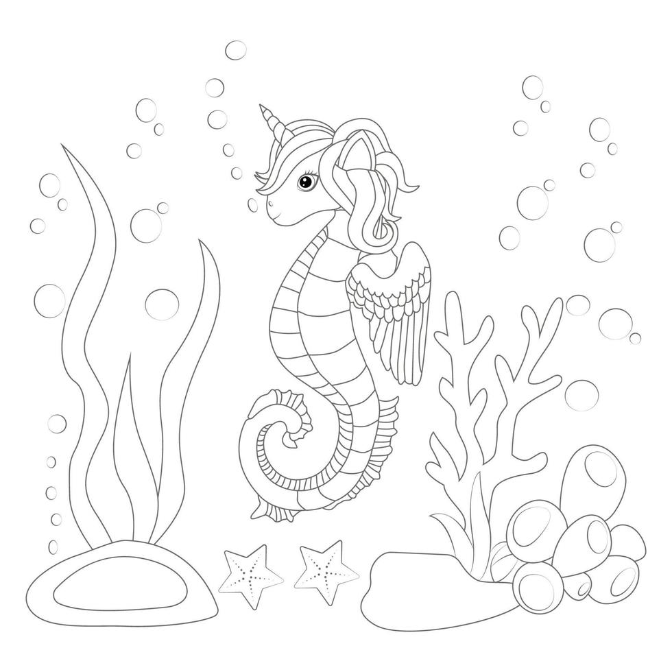 Seashell Seahorse Unicorn Style Coloring Page vector