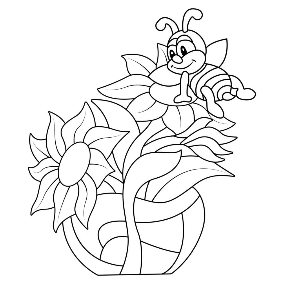 Flower Plants With Bee Coloring Page vector