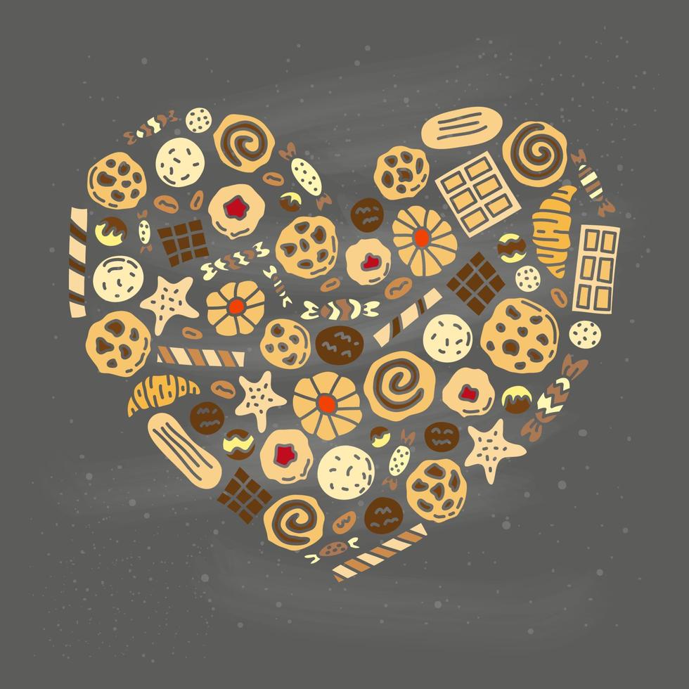 Doodle colored cookies, waffles and candies composed in heart shape. vector