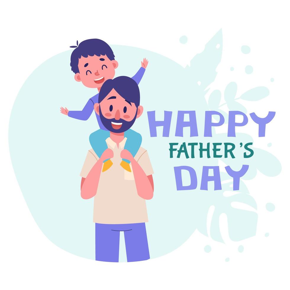 Vector illustration of a dad holding his son on his shoulders on a floral background. A postcard for Fathers Day. A design element for a banner, greeting card or flyer. Characters in flat style.