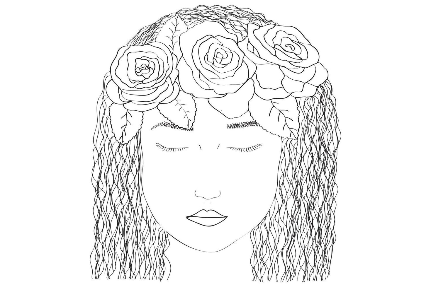 Painted black and white girl with eyes closed, hair roses, you can use for postcard, clothing printing and beauty salon vector