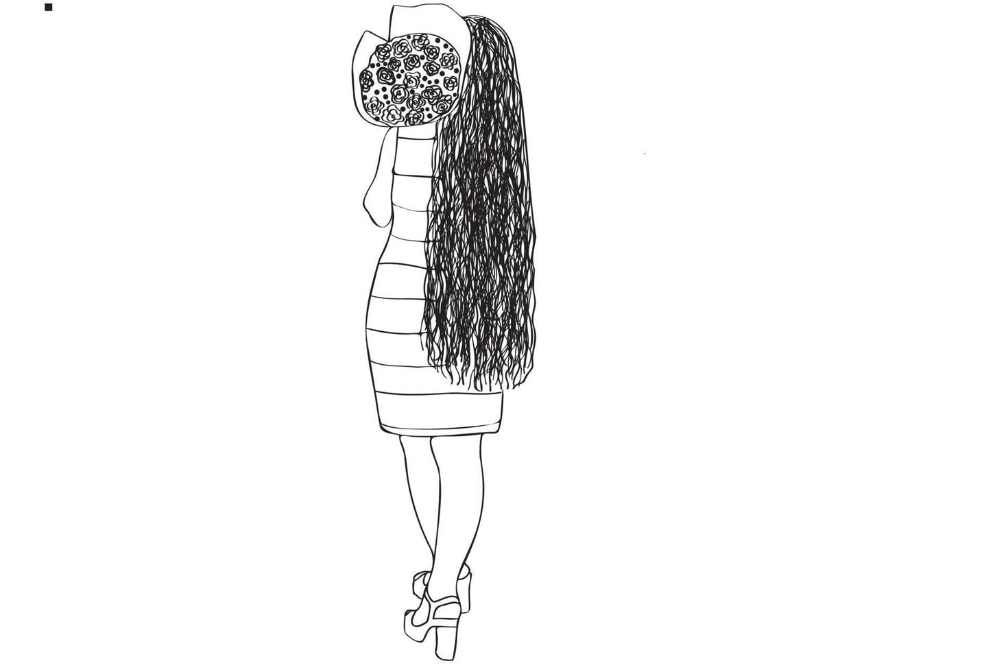 chica con el pelo largo sosteniendo un ramo de flores, ilustración de arte de línea en blanco y negro. chica de pie con la parte trasera y la ilustración de un vestido largo. vector