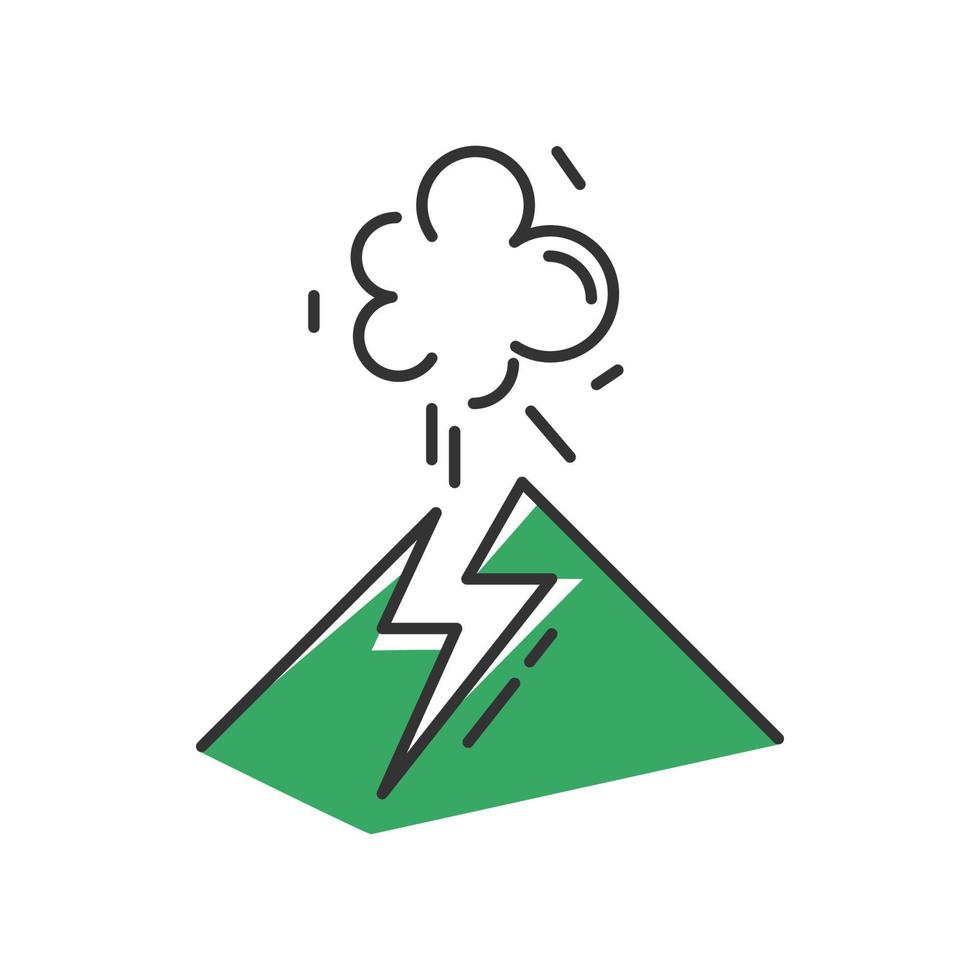 icono de color verde de erupción volcánica. energía geotermica. explosión de volcán activo. desastre geológico. zona sísmicamente peligrosa. Emisión de humo y cenizas de la montaña. ilustración vectorial aislada vector