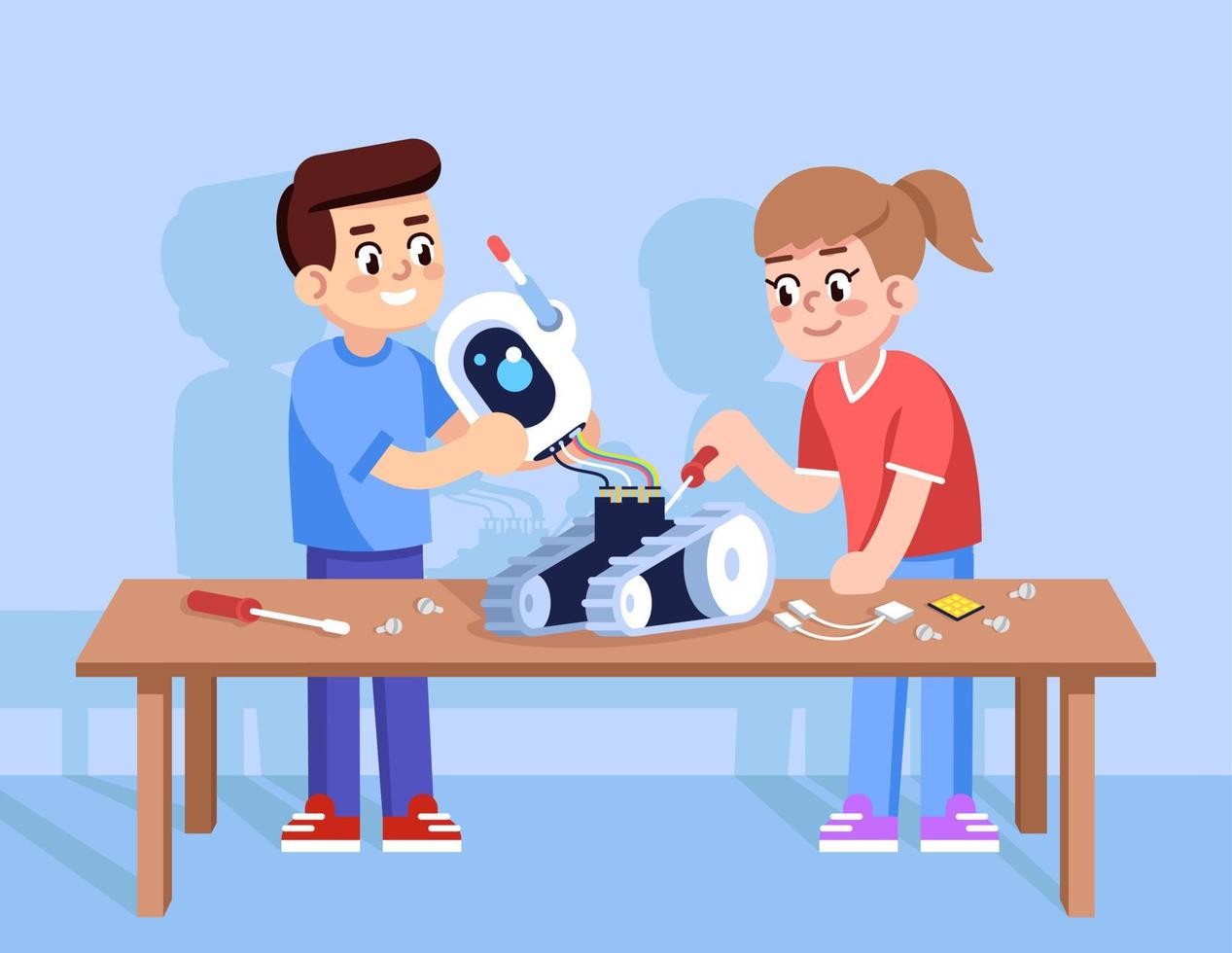 niño y niña montan ilustración de vector plano robot. constructor electrónico para niños. Curso de robótica para niños. jóvenes estudiantes aprendiendo el mecanismo de los personajes de dibujos animados del dispositivo droide