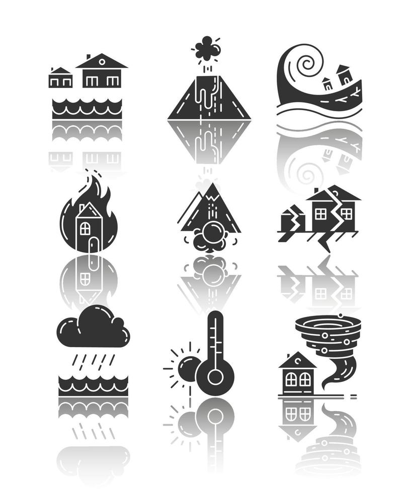 Natural disaster drop shadow black glyph icons set. Environmental hazards. Earthquake, fire, tsunami, tornado, avalanche, flood, downpour, volcanic eruption, drought. Isolated vector illustrations