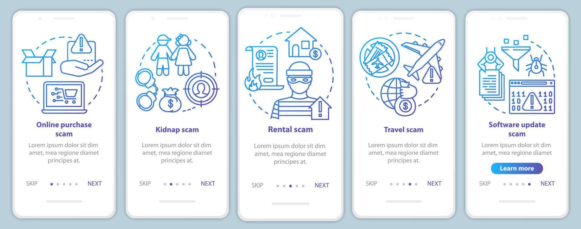 Scam types onboarding mobile app page screen vector template. Online purchase and rental fraud. Walkthrough website steps with linear illustrations. UX, UI, GUI smartphone interface concept