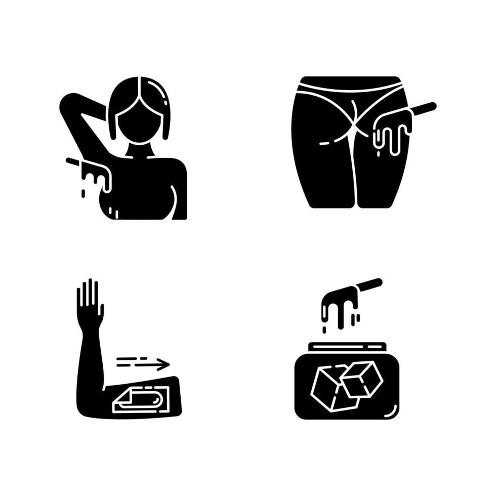 Waxing glyph icons set. Armpit, arm body hair removal. Natural soft sugar wax in jar. Cold depilation strips. Professional beauty treatment cosmetics. Silhouette symbols. Vector isolated illustration