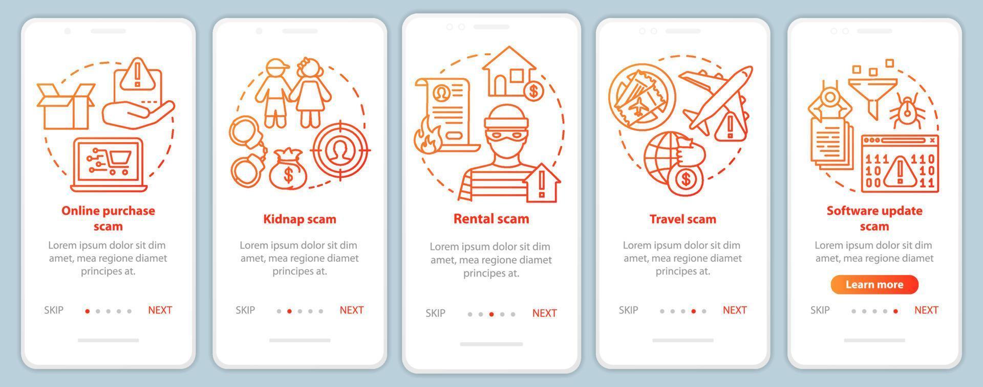 Scam types onboarding mobile app page screen vector template. Walkthrough website steps with linear illustrations. Online purchase and rental fraud. UX, UI, GUI smartphone interface concept