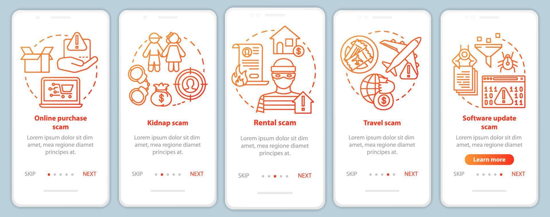 tipos de estafa incorporando plantilla de vector de pantalla de página de aplicación móvil. paso a paso del sitio web con ilustraciones lineales. fraude de compra y alquiler en línea. ux, ui, concepto de interfaz de teléfono inteligente gui