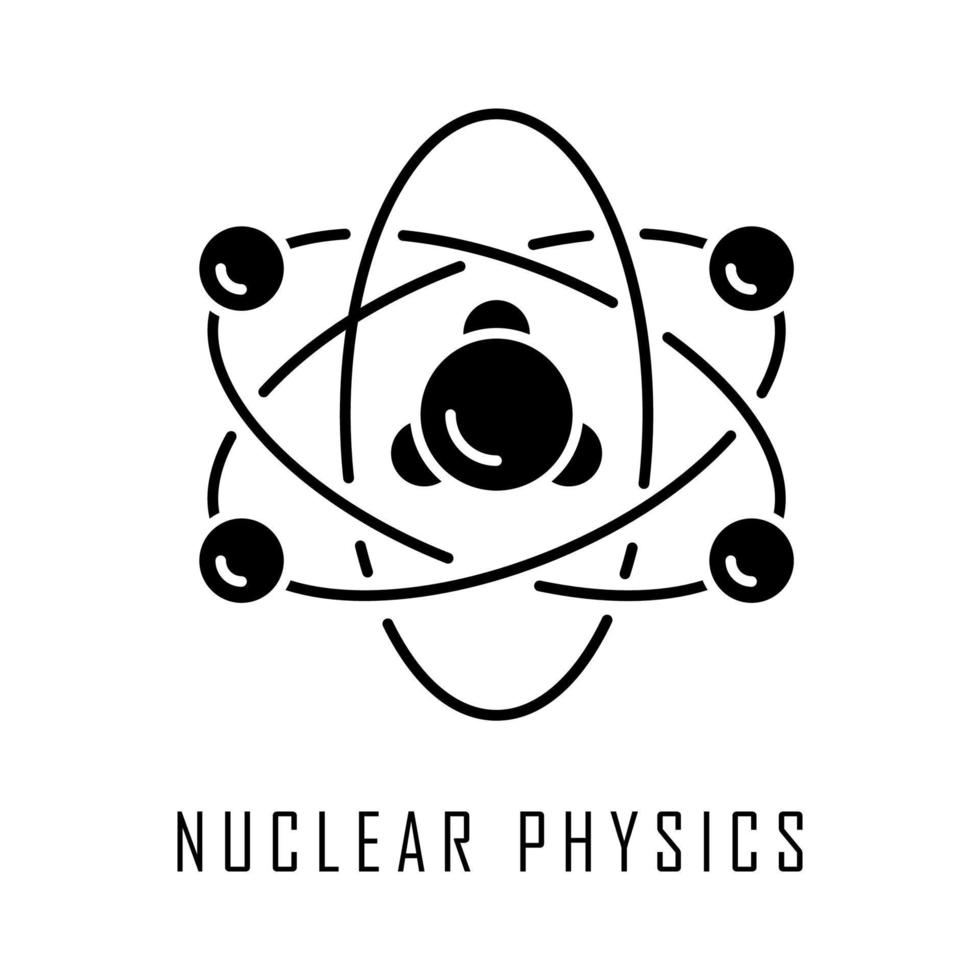 Nuclear physics glyph icon. Atomic structure model. Electrons, neutrons and protons. Subatomic molecular particles. Atom core elements. Silhouette symbol. Negative space. Vector isolated illustration