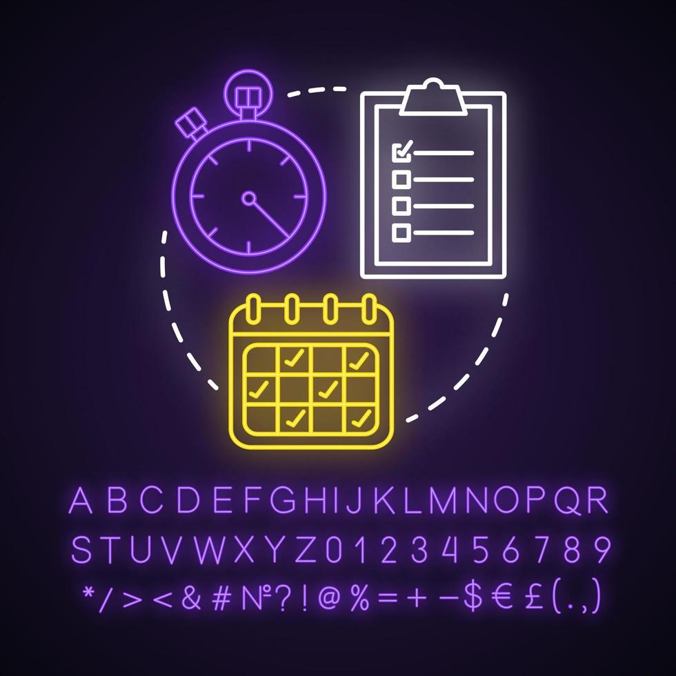 Select date and time neon light concept icon. Choose day, hour idea. Making reservation. Time management, scheduling. Glowing sign with alphabet, numbers and symbols. Vector isolated illustration.