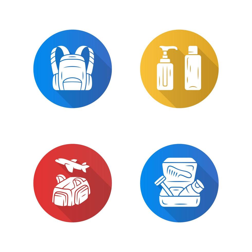 ..Travel accessories flat design long shadow glyph icons set. Backpack,carry on duffel bag, reusable containers. Flight, travelling bag, toiletry case, container. Vector silhouette illustration