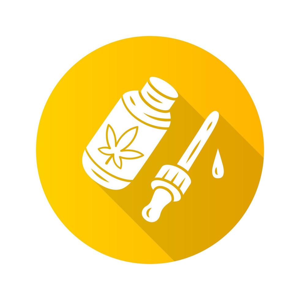 CBD oil flat design long shadow glyph icon. Weed product. Cannabis industry. Medical uses of ganja. Hemp distribution and sale. Alternative medication. Drug use. Vector silhouette illustration