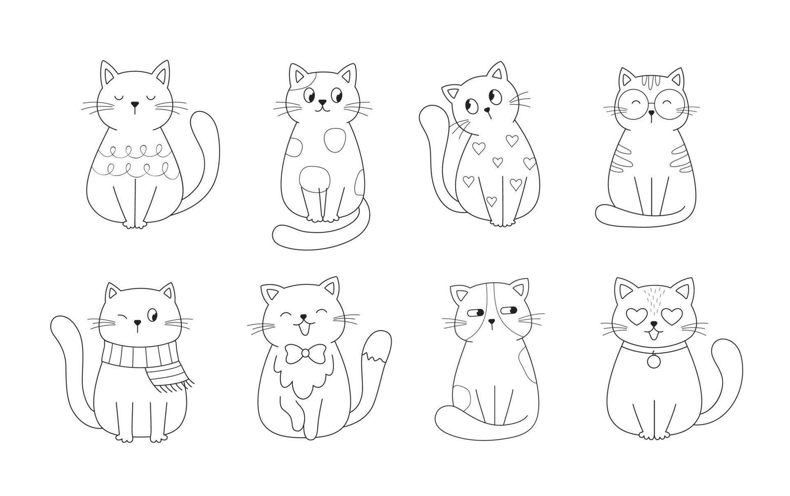Cute cats collection. Domestic funny kitties. Set of linear vector illustration isolated on white background.