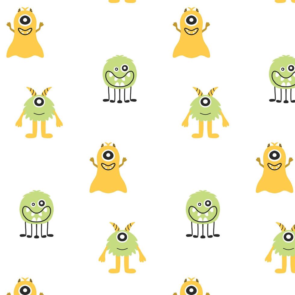 Monster Halloween  pattern. Cute cartoon characters in simple hand-drawn Scandinavian style. Vector childish funny doodle illustration. Baby clothes, textiles, fabric, wallpaper,paper