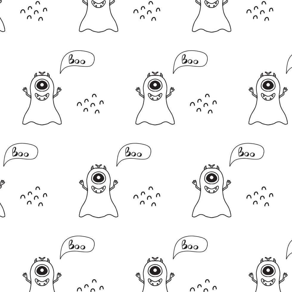 Monster Halloween pattern. Cute cartoon characters in simple hand-drawn Scandinavian style. Vector childish funny doodle illustration. Baby clothes, textiles, fabric, wallpaper,paper