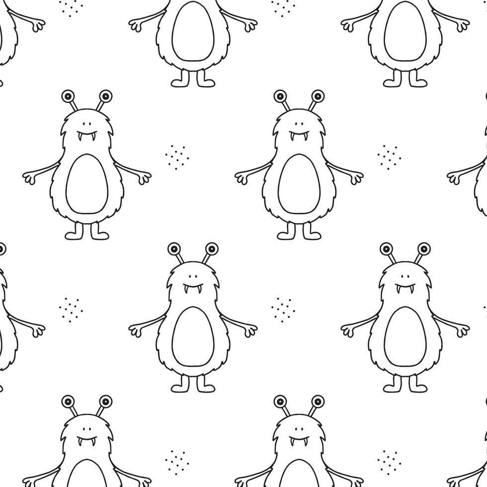 Monster Halloween pattern. Cute cartoon characters in simple hand-drawn Scandinavian style. Vector childish funny doodle illustration. Baby clothes, textiles, fabric, wallpaper,paper