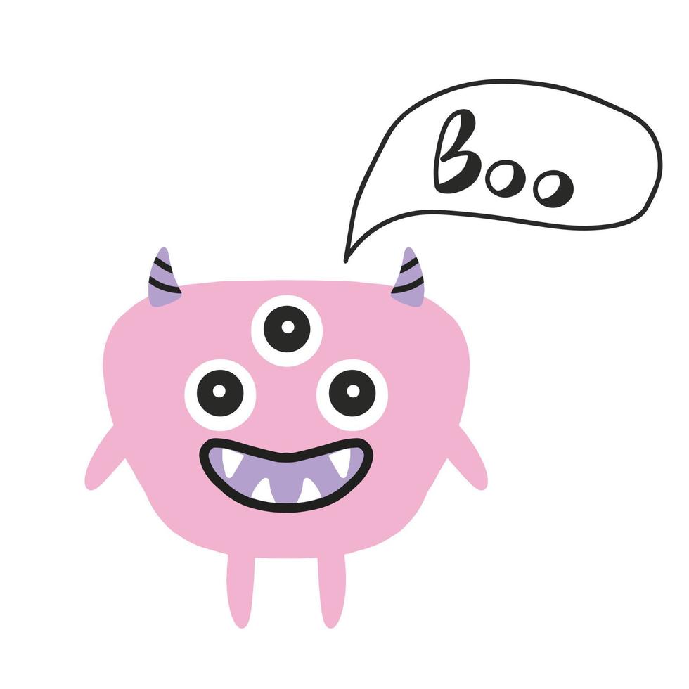 Hand-drawn poster with a cute monster. Doodle style. Vector illustration in scandinavian style. Pink fluffy monster.