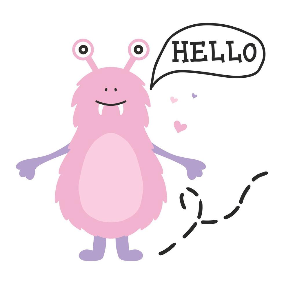 Hand-drawn poster with a cute monster. Doodle style. Vector illustration in scandinavian style. Pink fluffy monster.
