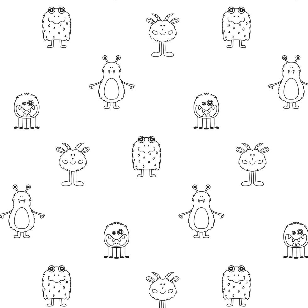 Monster Halloween pattern. Cute cartoon characters in simple hand-drawn Scandinavian style. Vector childish funny doodle illustration. Baby clothes, textiles, fabric, wallpaper,paper