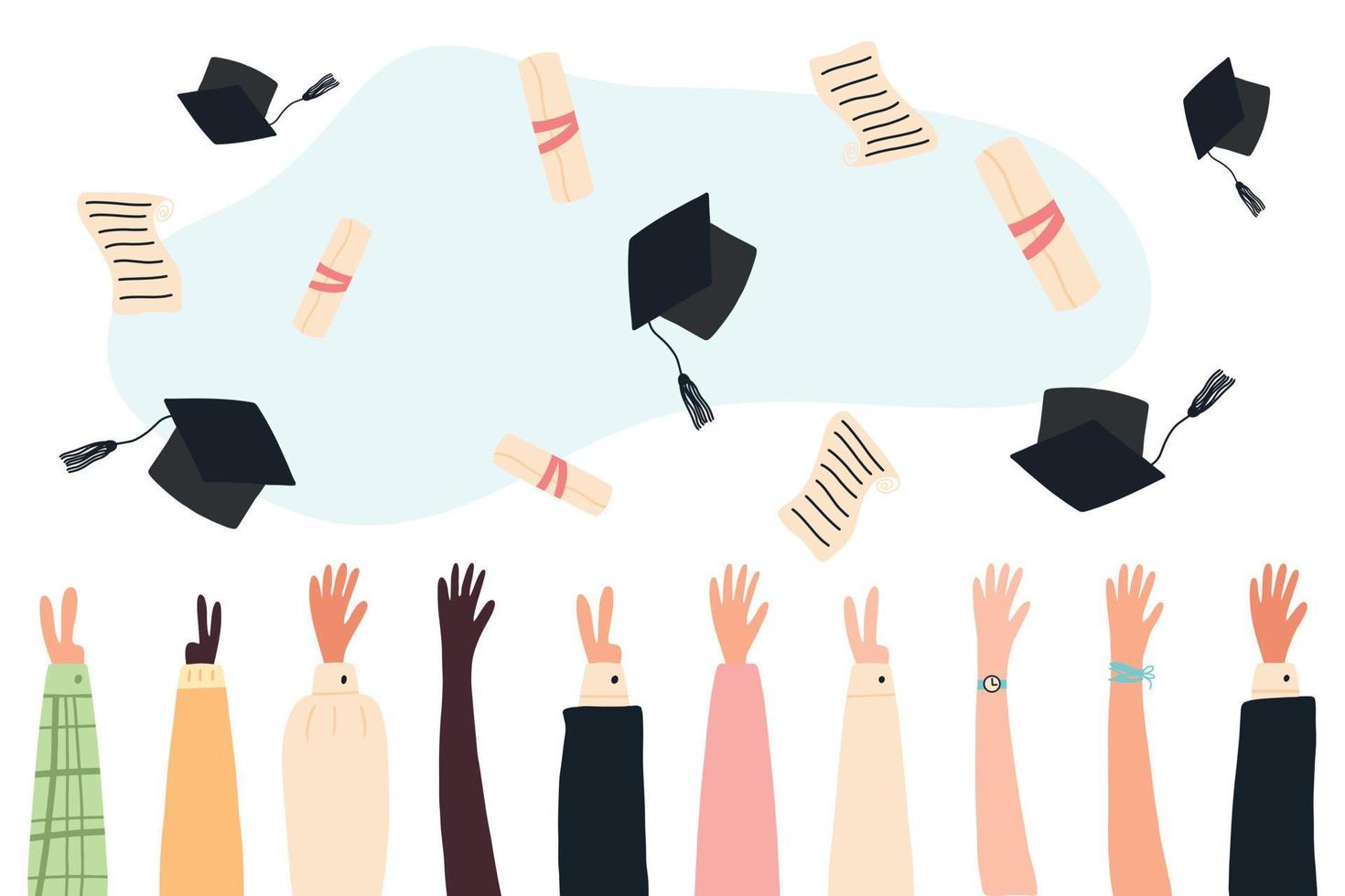 Education concept. End of school. Graduates throw graduation caps in