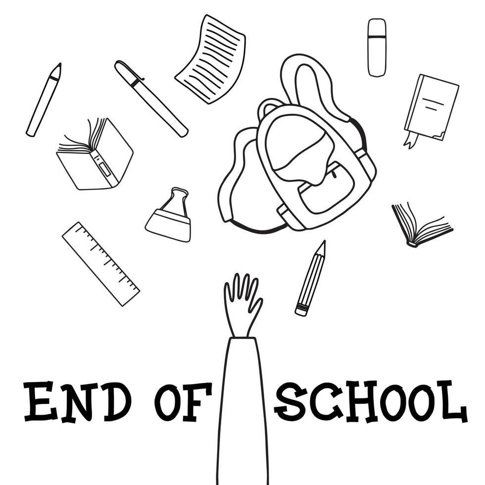 Education concept. End of school. A schoolboy throws school objects into the air. Doodle style. Vector illustration.