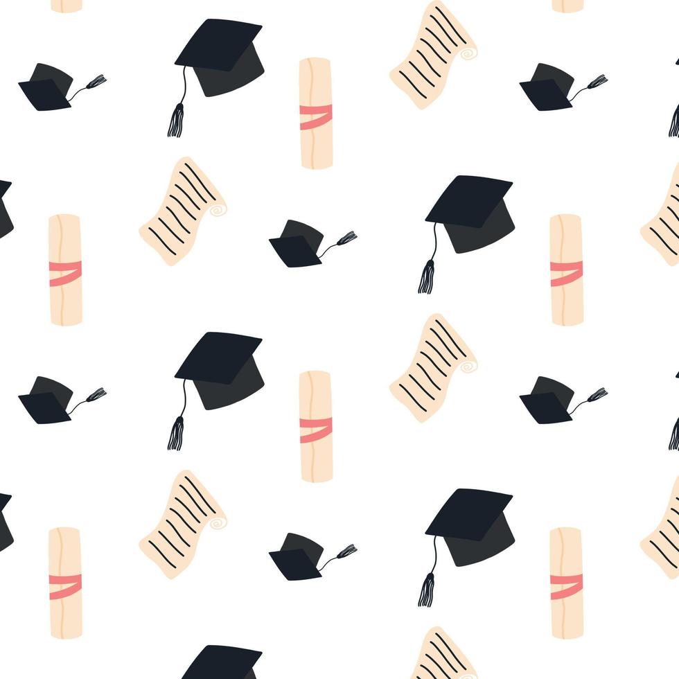 sin fisuras con sombreros de graduación y diplomas. ilustración vectorial estilo de dibujos animados patrón de graduación. vector