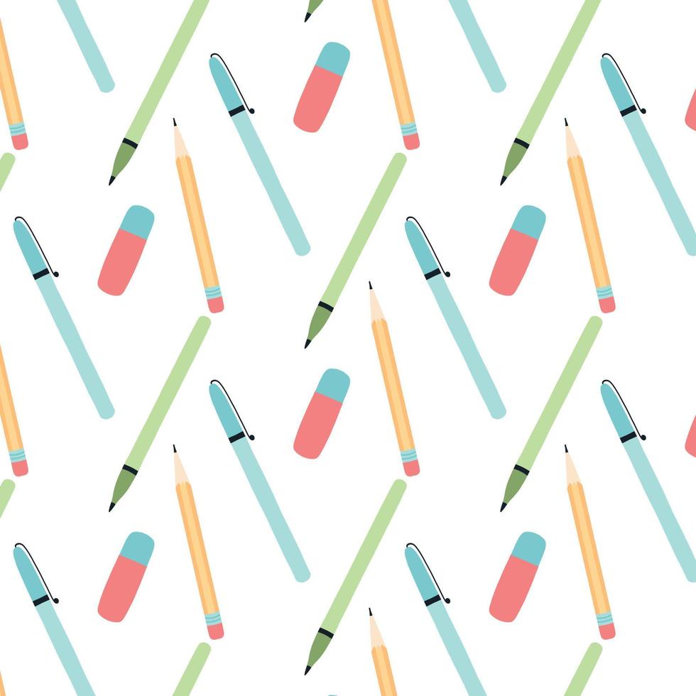 Childish  pattern with school items. Drawn pattern with pen, pencil, eraser. Vector illustration.