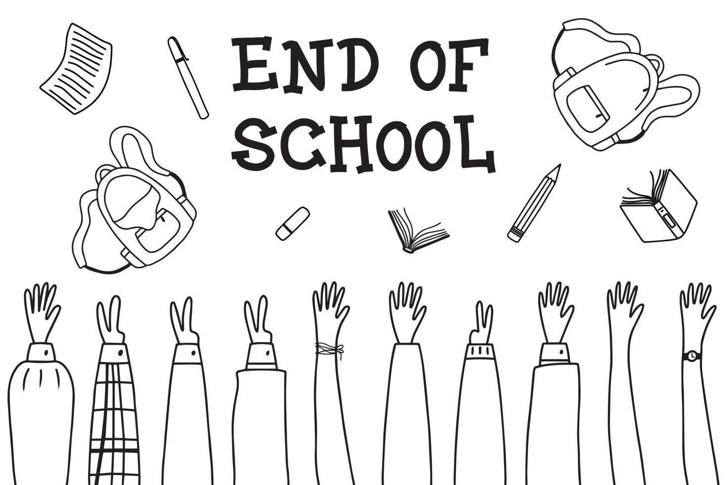 Education concept. End of school. Graduates throw school objects into the air. Vector illustration.Doodle style.