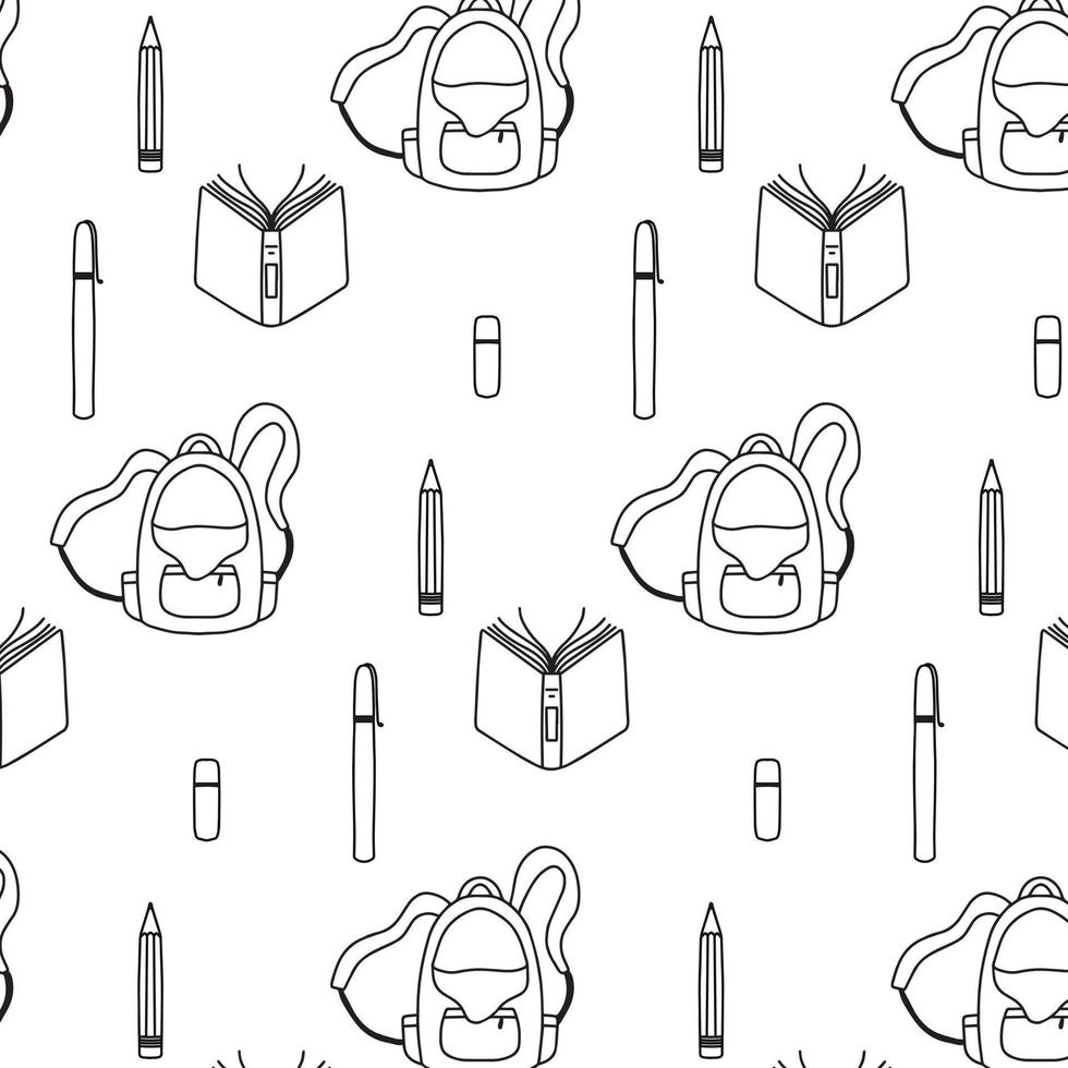 Childish pattern with school items. Drawn pattern with school bag, pen, pencil, eraser. Vector illustration. Doodle style.