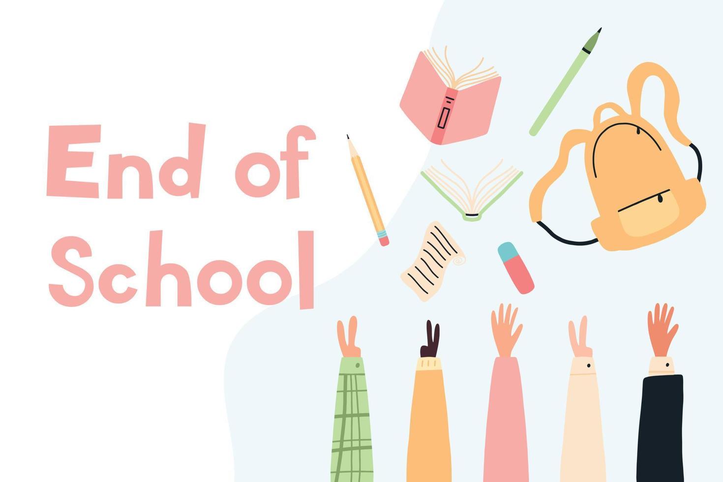 Education concept. End of school. Graduates throw school objects into the air. Flat style. vector