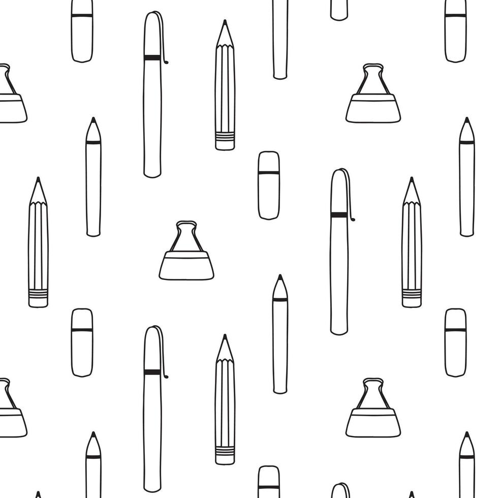 Childish pattern with school items. Drawn pattern with pen, pencil, eraser.Doodle style. vector