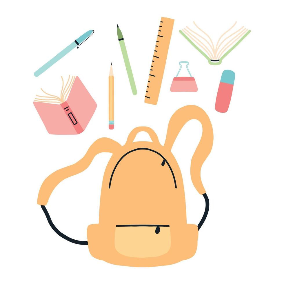 School supplies and items set isolated on white background. Back to school . Education workspace accessories. Vector illustration.