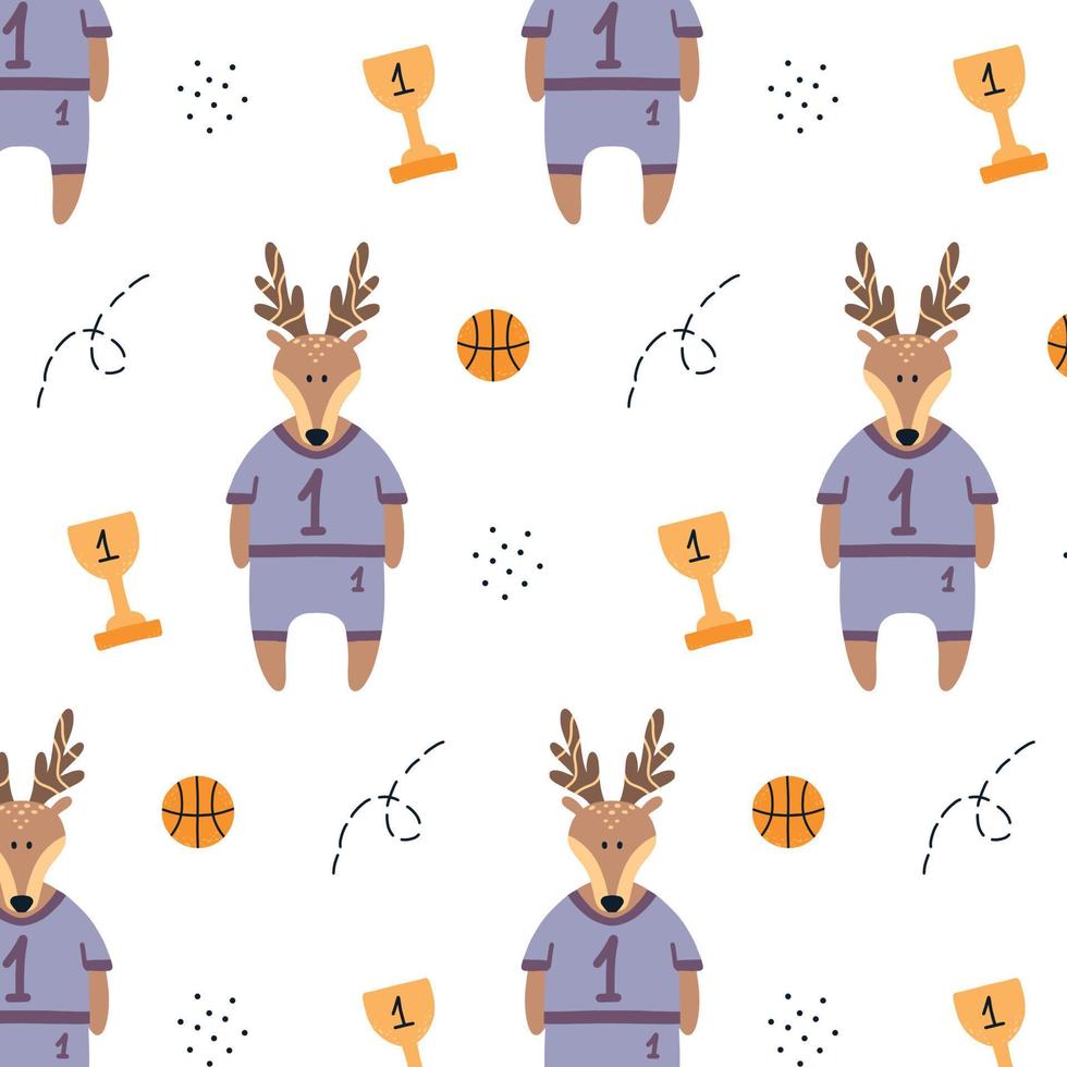 Pattern with a basketball. Hand drawing with ball and deer.  pattern with basketball. Vector illustration.