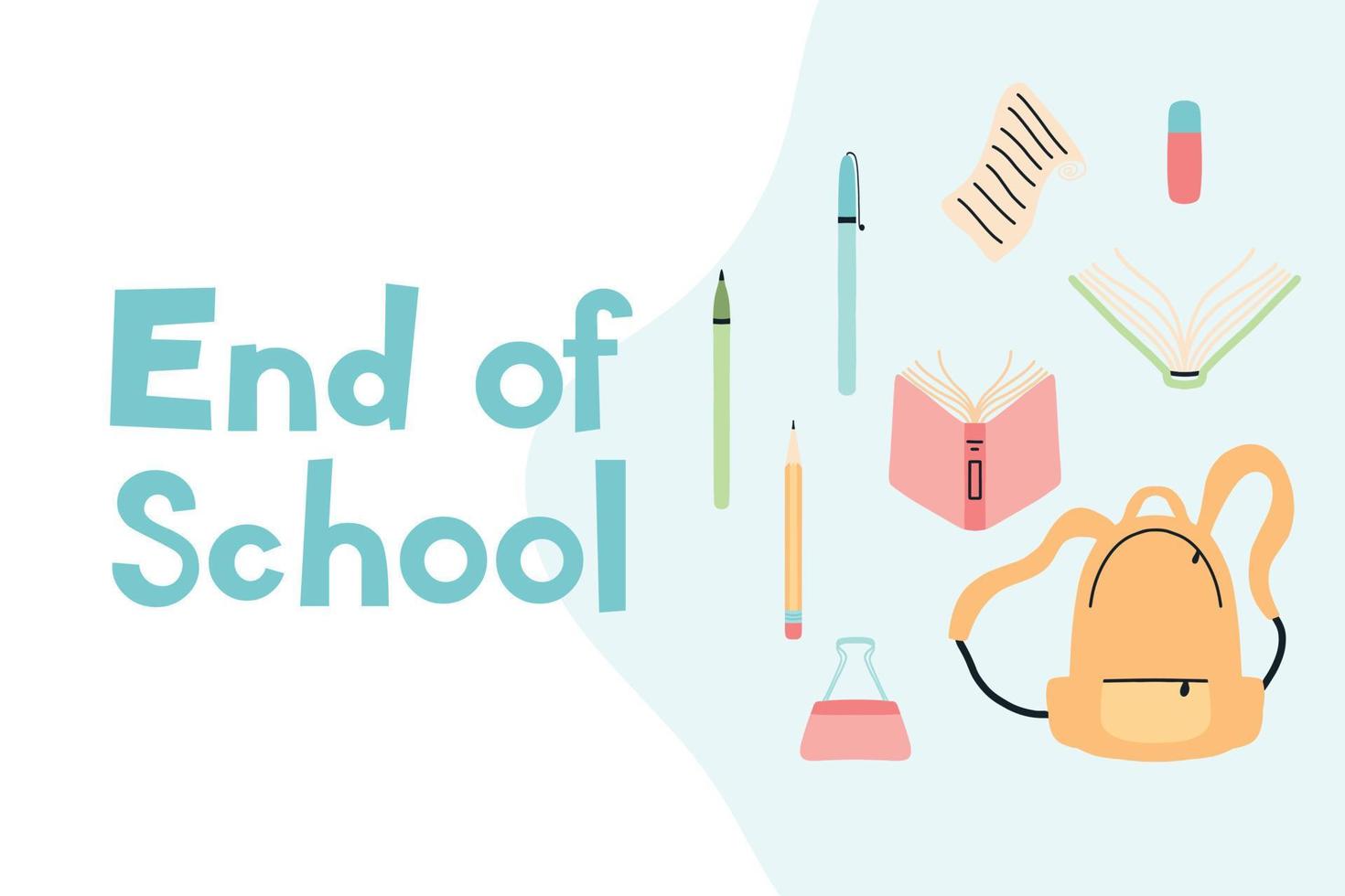 Education concept. End of school. A schoolboy throws school objects into the air. Flat style. Vector illustration.