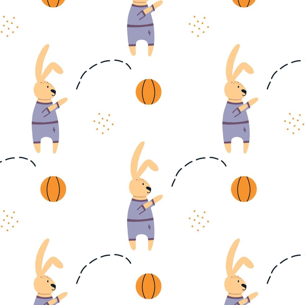 Pattern with a hare throwing a ball.  pattern with rabbit. Children's pattern for textiles. Vector illustration.