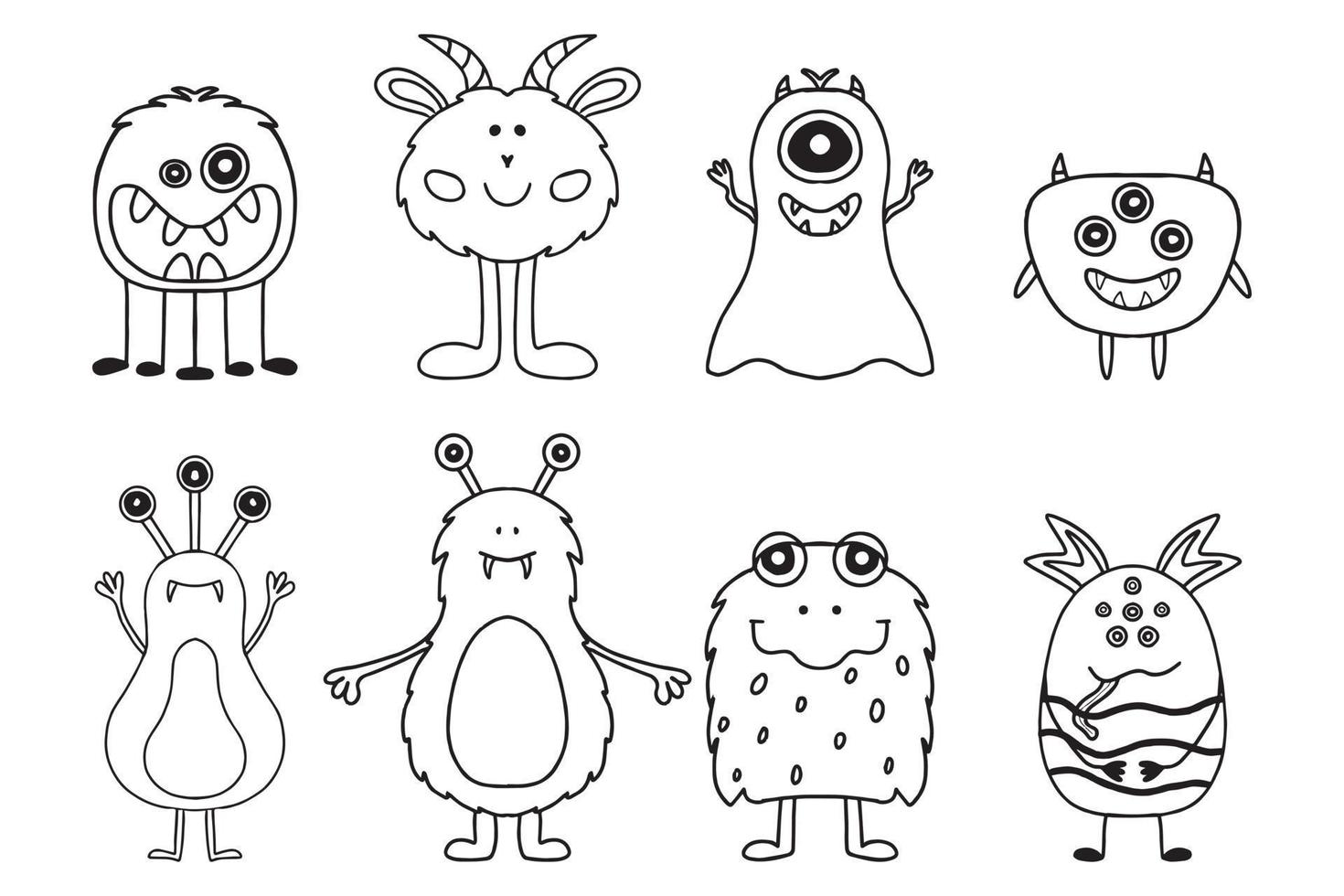 Set of monsters and aliens. Cute hand drawn monsters in scandinavian style. Doodle aliens. Vector illustration.