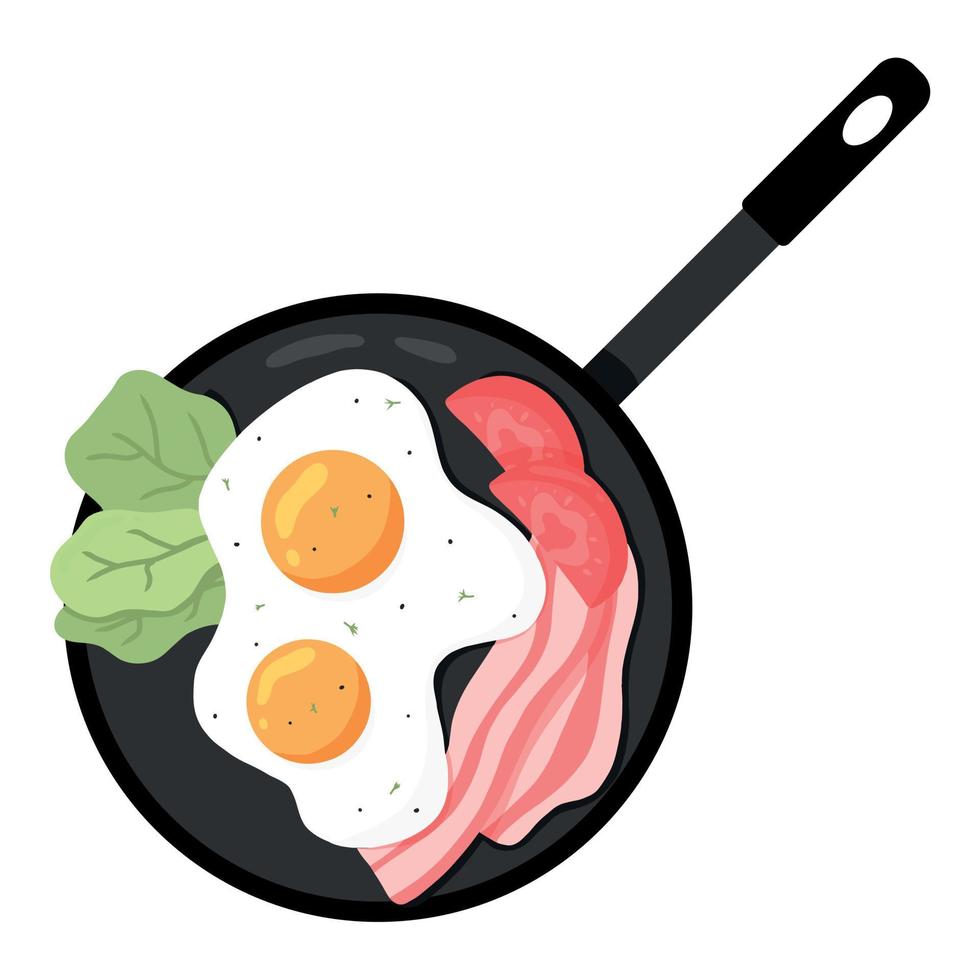 Scrambled Eggs on a pan. Fried Eggs with vegetables and Bacon. Vector illustration in cartoon style. English delicious Breakfast. Omelet with tomato and bacon.