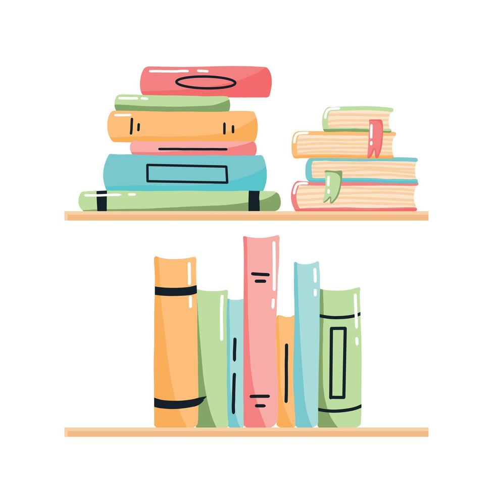 pila de libros en el estante en estilo de dibujos animados. estantería con libros. ilustración vectorial vector