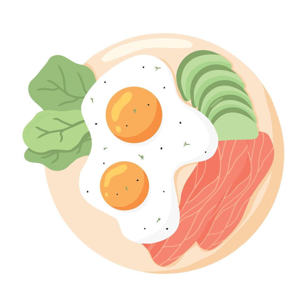 huevos en un plato. huevos fritos con ilustración de vector de aguacate y pescado en estilo de dibujos animados. delicioso desayuno inglés. tortilla con aguacate y pescado.