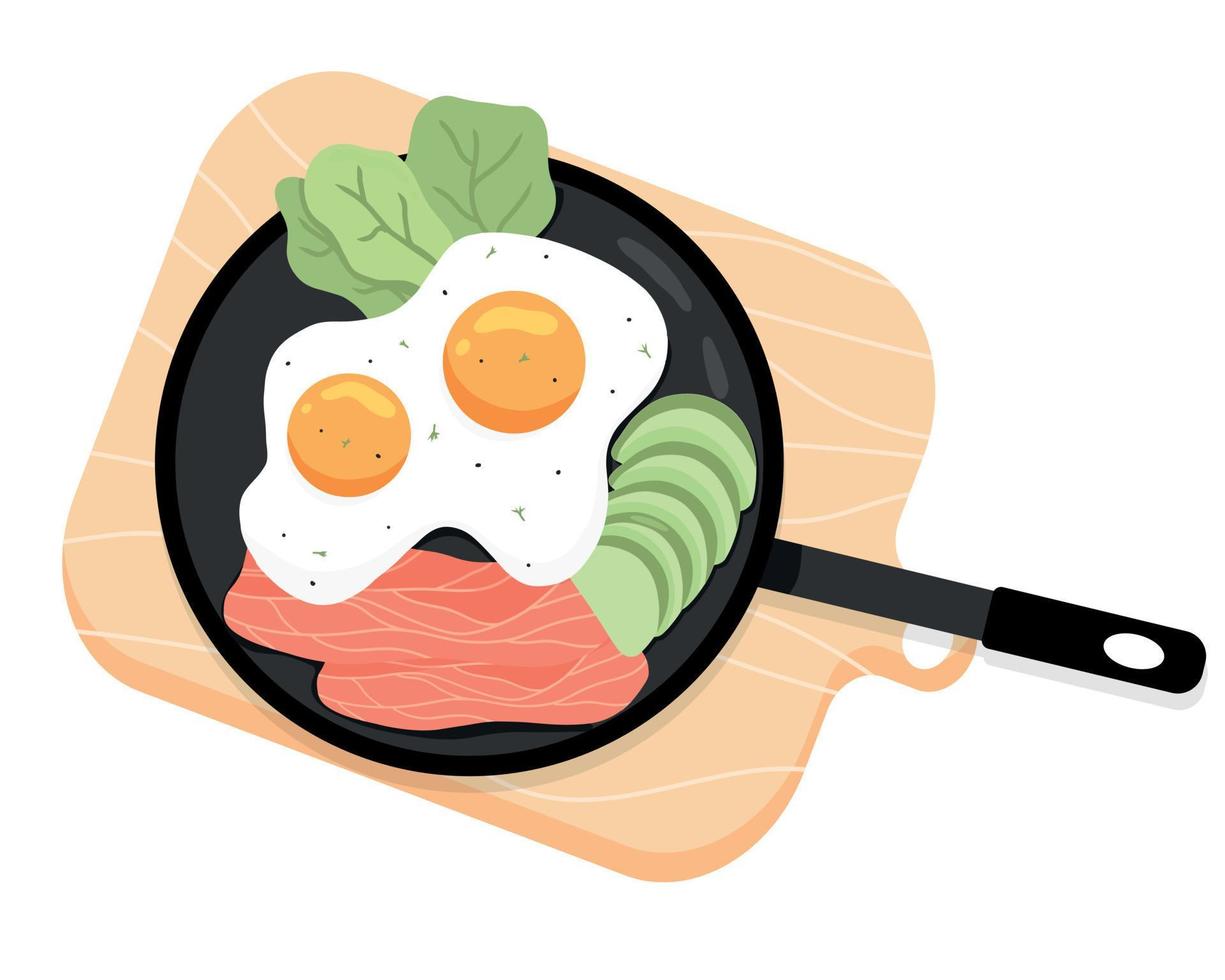 Scrambled Eggs in a pan. Fried Eggs with vegetables and fish Vector illustration in cartoon style. English delicious Breakfast. Omelet with Avocado and Fish.