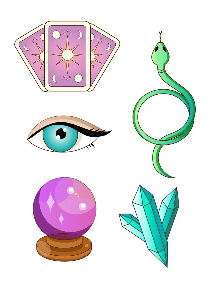 Drawing of  set of magical elements. Tarot cards, magic ball, human eye, snake, crystals. Vector illustration.