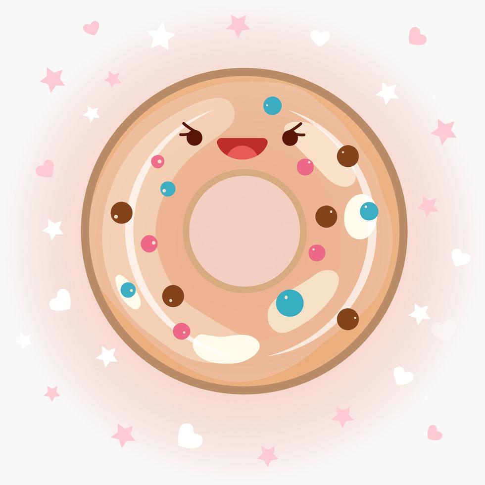 Cute donut vector icon illustration. Donut sticker cartoon logo. Food icon concept. Flat cartoon style suitable for web landing page, banner, sticker, background. Kawaii donut.